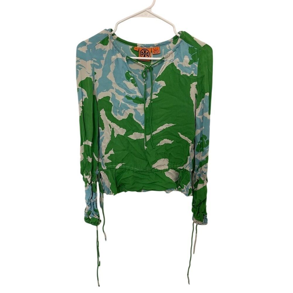 Tory Burch Women's Camouflage Silk Blouse Size 2 Tie-Neck